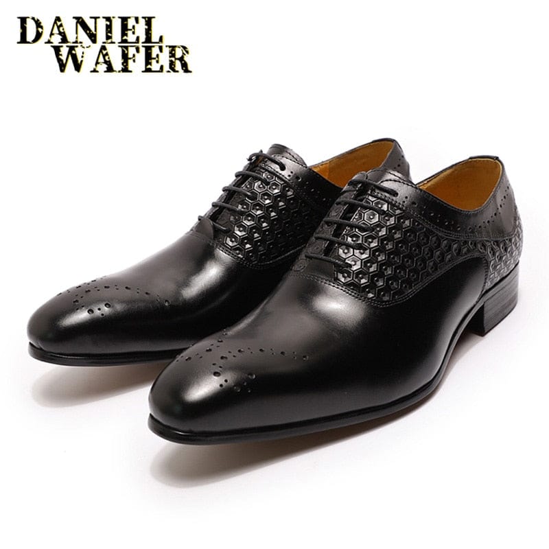 Men's Genuine Leather Pointed Oxford Brogue Office Wedding Shoes