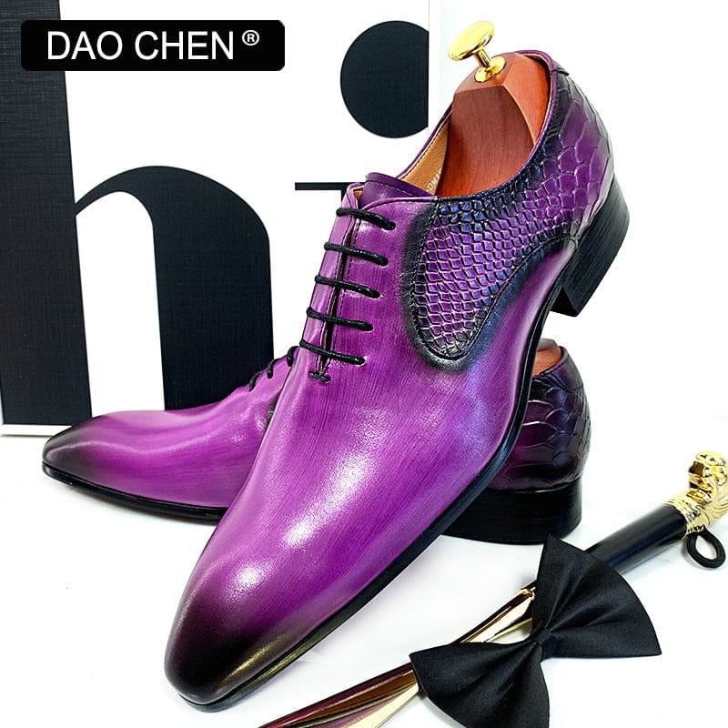 Men's Purple Black Snake Print Pointed Leather Oxford Dress Shoes