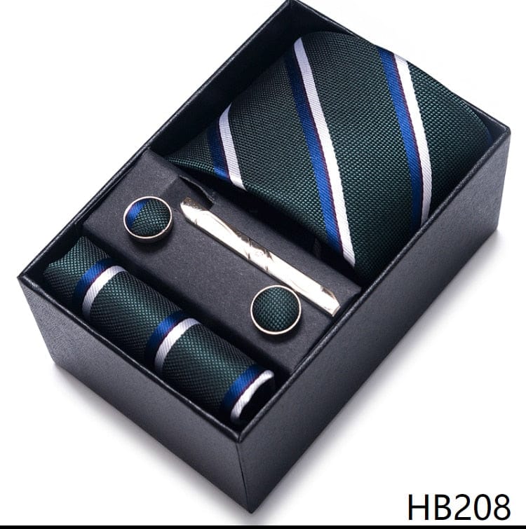 Men's Blue Gold Silk Tie, Handkerchief and Cufflink Set