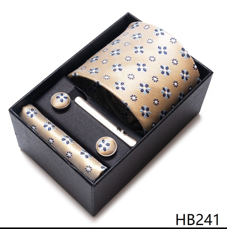 Men's Blue Gold Silk Tie, Handkerchief and Cufflink Set