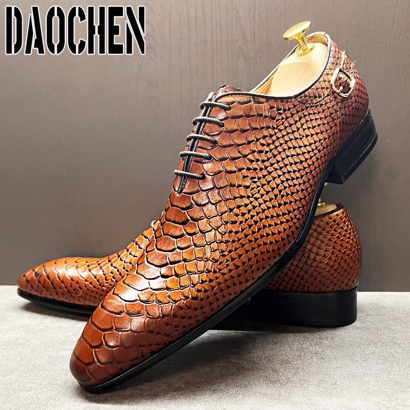 Men's Black Brown Snake Print Pointed Toe Lace-Up Oxford Dress Shoes