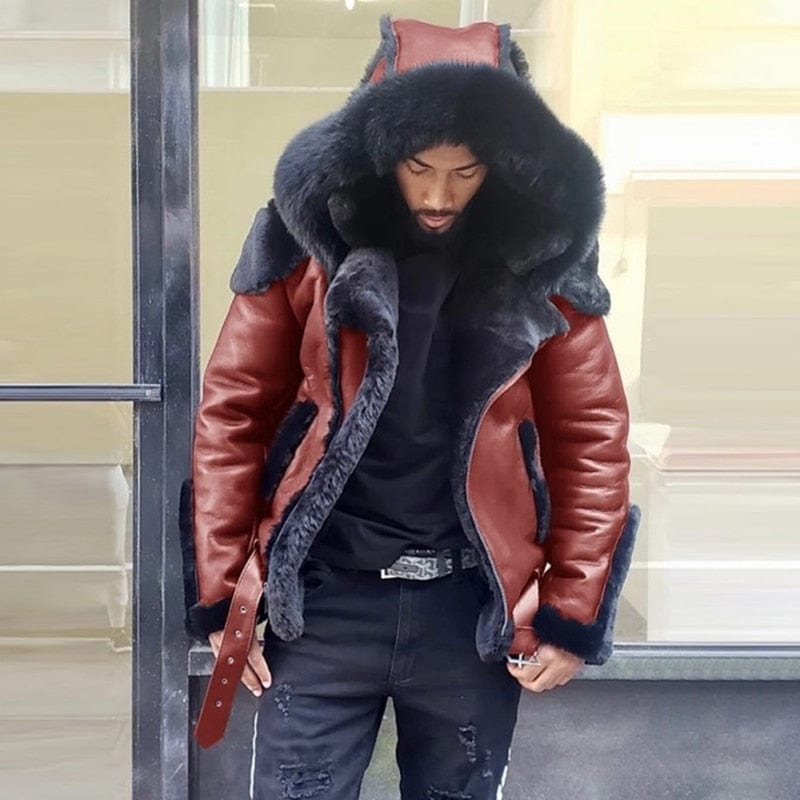 Men's Faux Leather Fur Collar Wool-Lined Winter Jacket