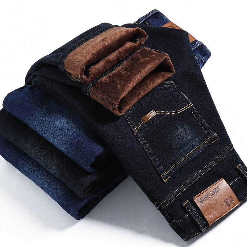 Men's Winter Warm Thick Slim Stretch Denim Jeans, Plus Size 38-40
