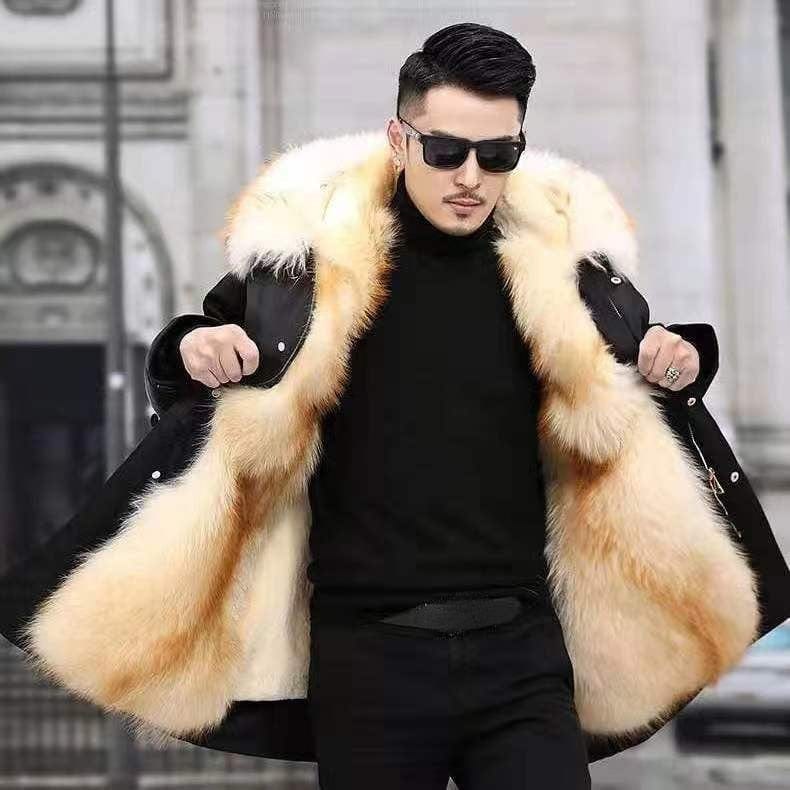 Men's Long Faux Fur Parka — Detachable Collar, Plush Lined