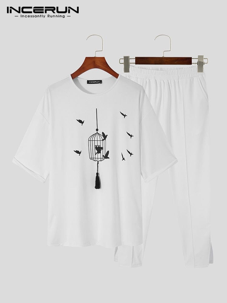 Men's Print Short Sleeve Shirt and Pants Holiday Two-Piece Set