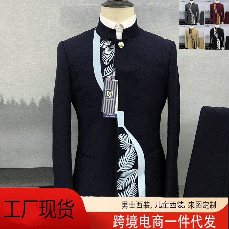 Men's Chinese Stand Collar Tunic Blazer and Pants Two-Piece Set