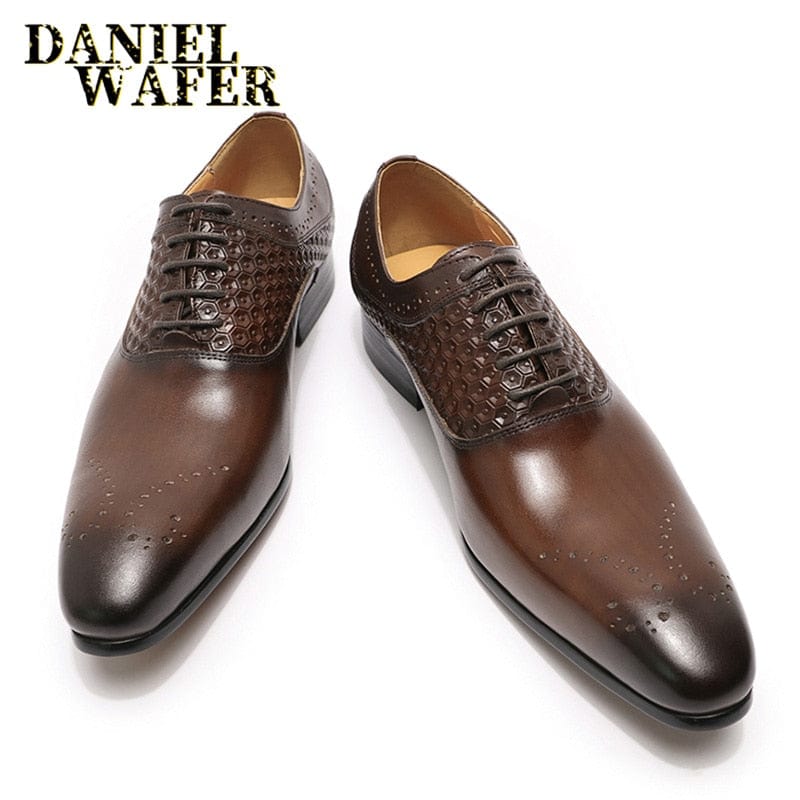 Men's Genuine Leather Pointed Oxford Brogue Office Wedding Shoes