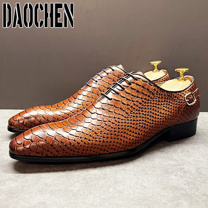 Men's Black Brown Snake Print Pointed Toe Lace-Up Oxford Dress Shoes