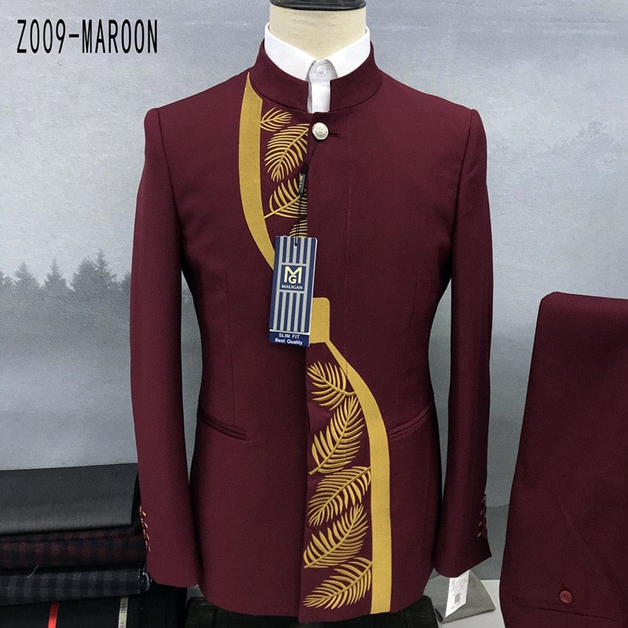 Men's Chinese Stand Collar Tunic Blazer and Pants Two-Piece Set