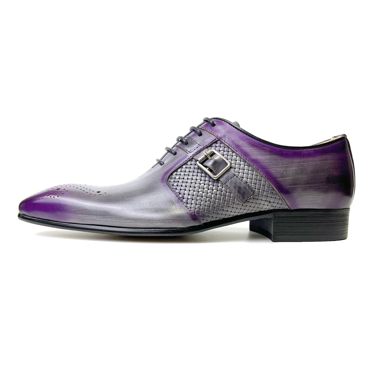 Men's Purple Mixed-Color Leather Pointed Brogue Oxford Dress Shoes