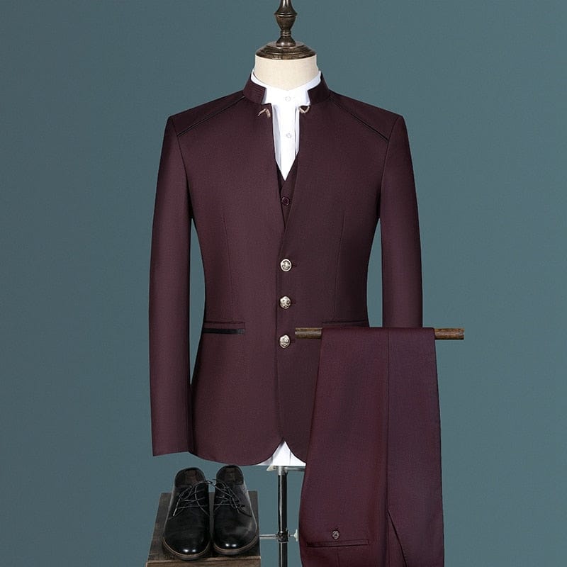 Men's Slim Stand-Collar Jacket, Vest, and Trousers Suit