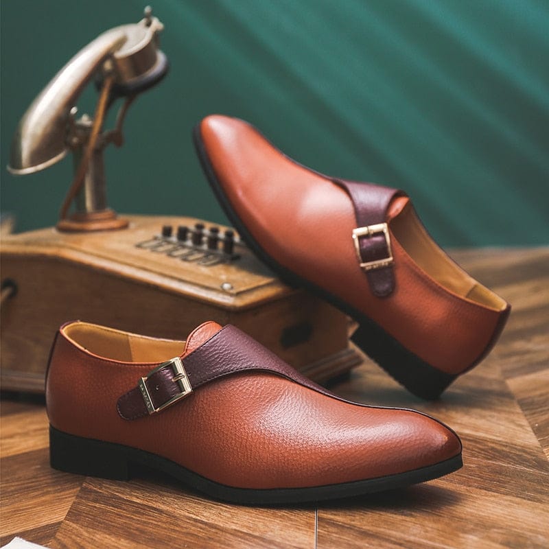 Men's Brown Buckle Mixed Color Handmade Dress Loafers