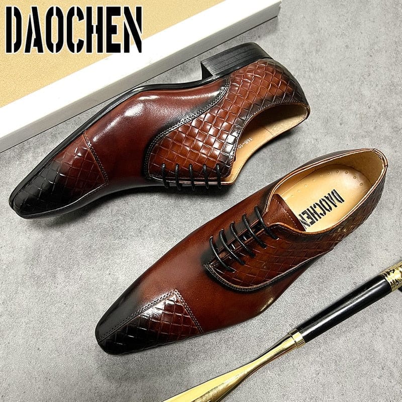 Men's Black Green Split-Toe Weave Print Leather Oxfords Wedding