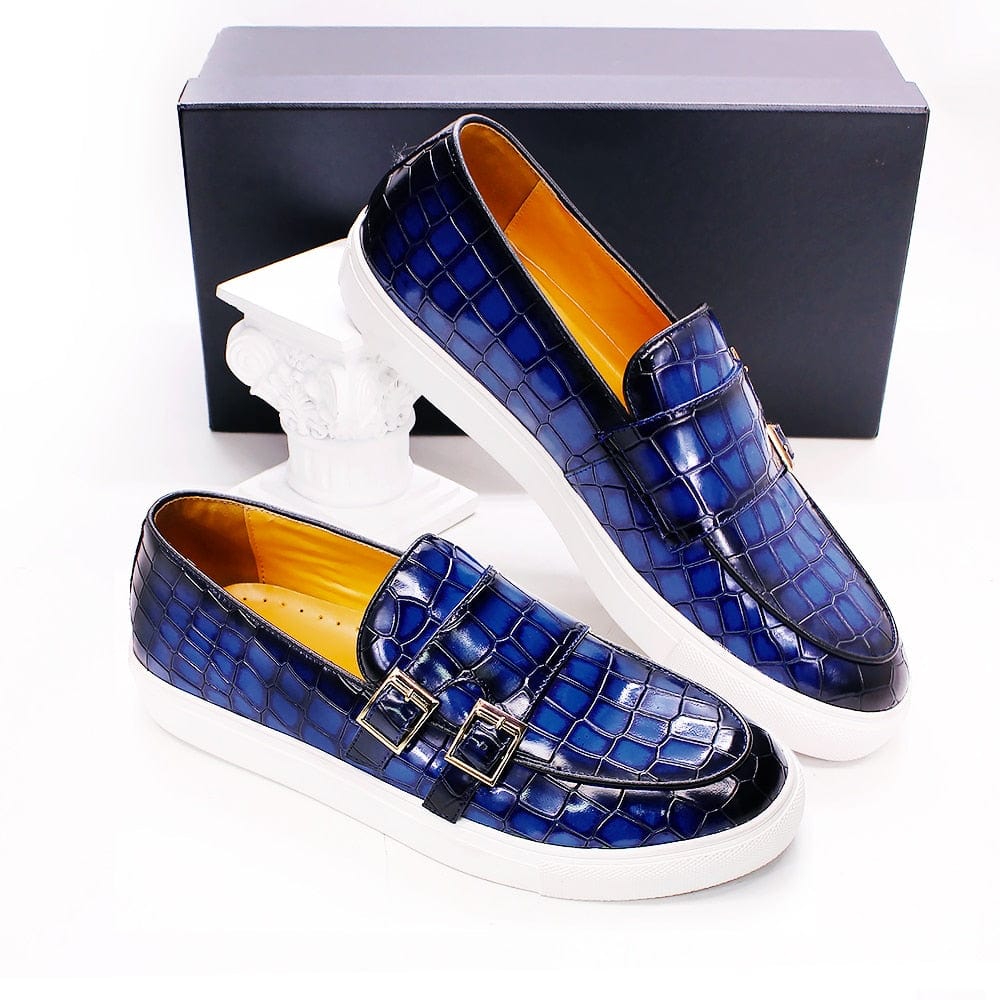 Men's crocodile print monk strap mules blue colorway