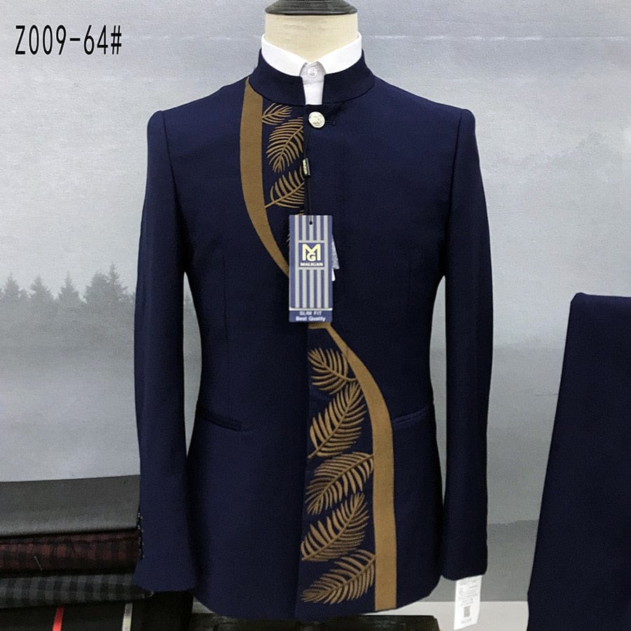 Men's Chinese Stand Collar Tunic Blazer and Pants Two-Piece Set