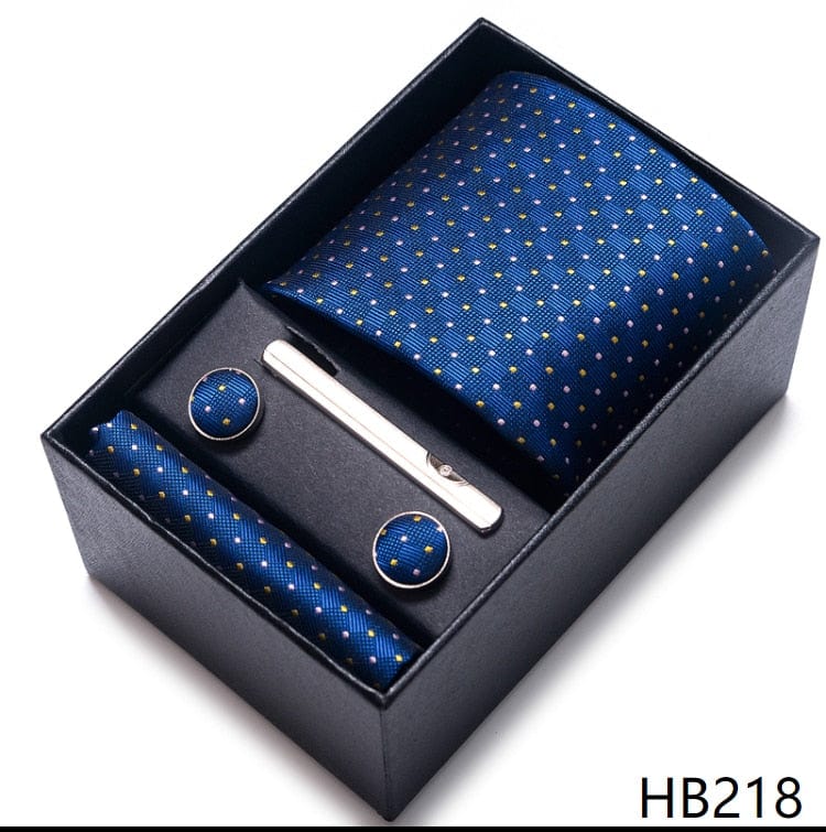 Men's Blue Gold Silk Tie, Handkerchief and Cufflink Set