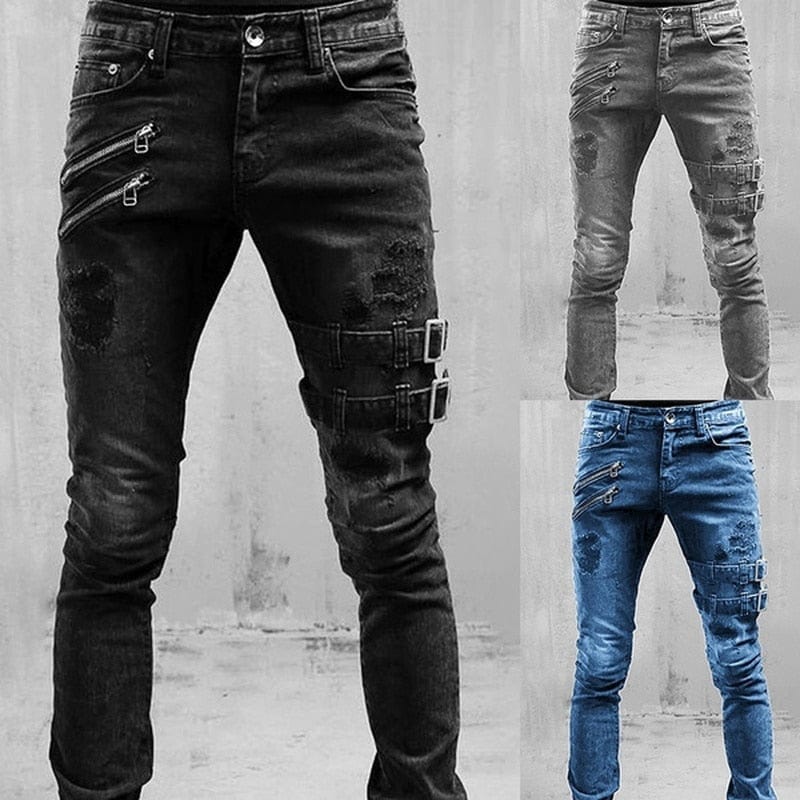 Men's High-Waist Skinny Straight Denim Jeans, Streetwear