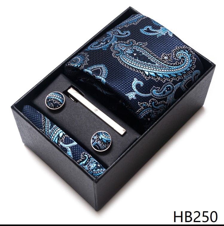 Men's Blue Gold Silk Tie, Handkerchief and Cufflink Set