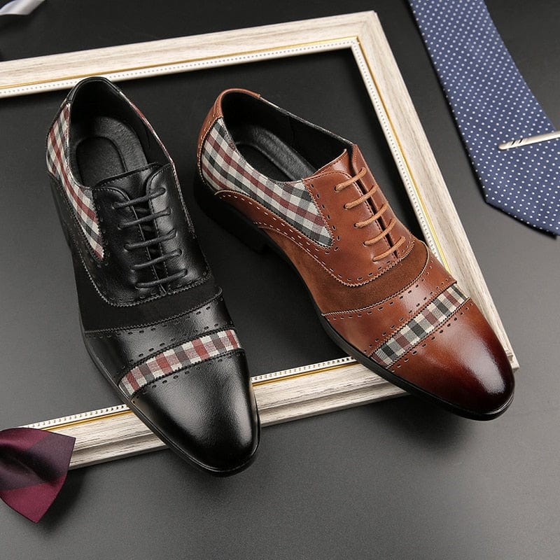 Men's Brown Black Patchwork Brogue Lace-Up Dress Shoes