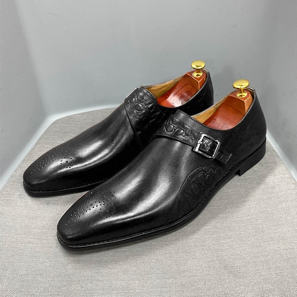 Men's Alligator Print Calf Leather Monk Strap Dress Shoes