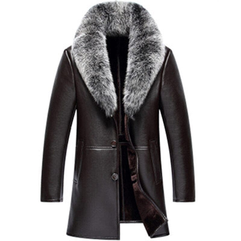 Men's Shearling Leather Long Coat with Faux Fur Collar