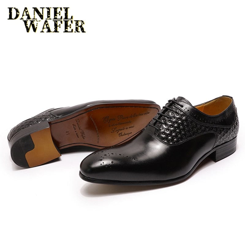 Men's Genuine Leather Pointed Oxford Brogue Office Wedding Shoes