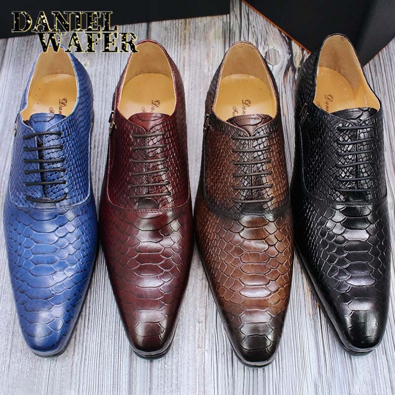 Men's Snake Print Leather Lace-Up Pointed Oxford Dress Shoes
