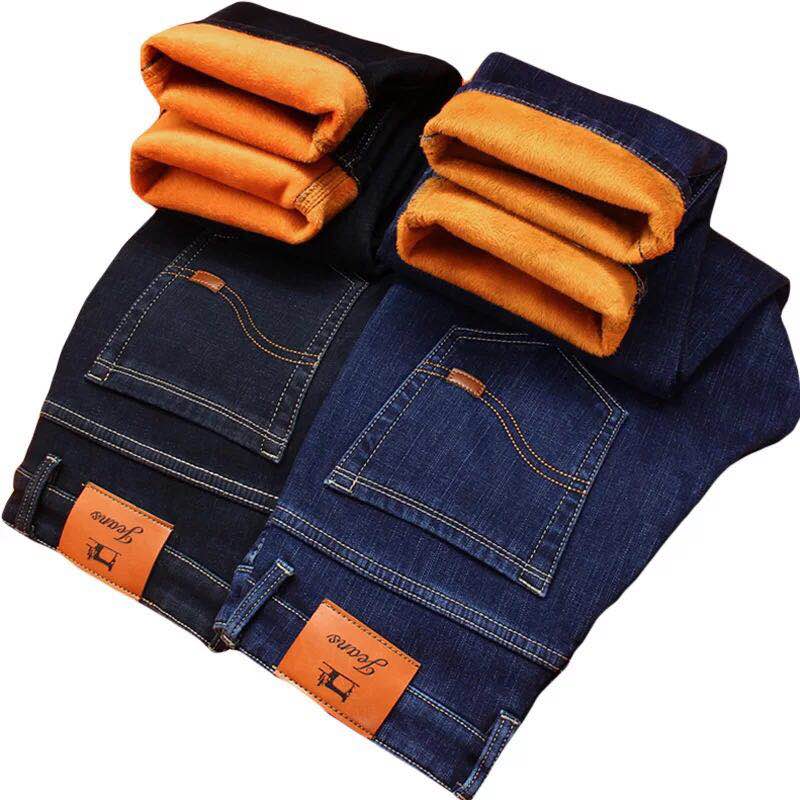 Men's Winter Warm Thick Slim Stretch Denim Jeans, Plus Size 38-40