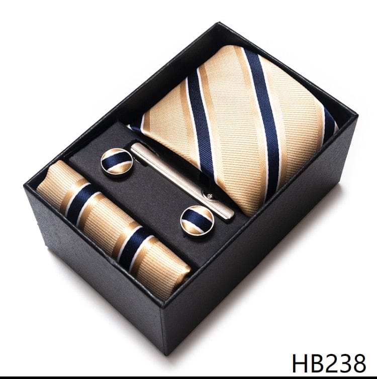 Men's Blue Gold Silk Tie, Handkerchief and Cufflink Set