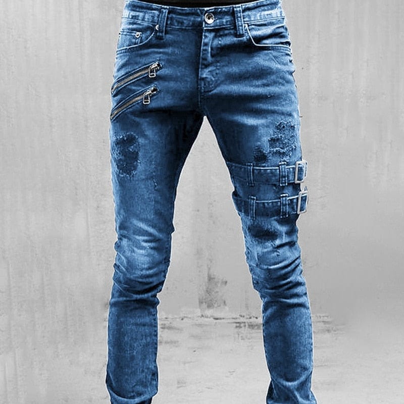 Men's High-Waist Skinny Straight Denim Jeans, Streetwear