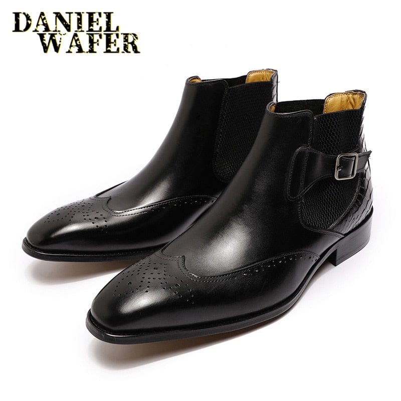 Men's Genuine Leather Chelsea Slip-On Buckle Ankle Boots Black Brown