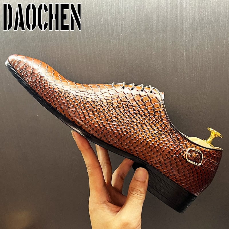 Men's Black Brown Snake Print Pointed Toe Lace-Up Oxford Dress Shoes