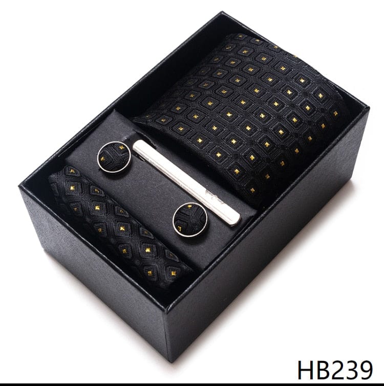 Men's Blue Gold Silk Tie, Handkerchief and Cufflink Set