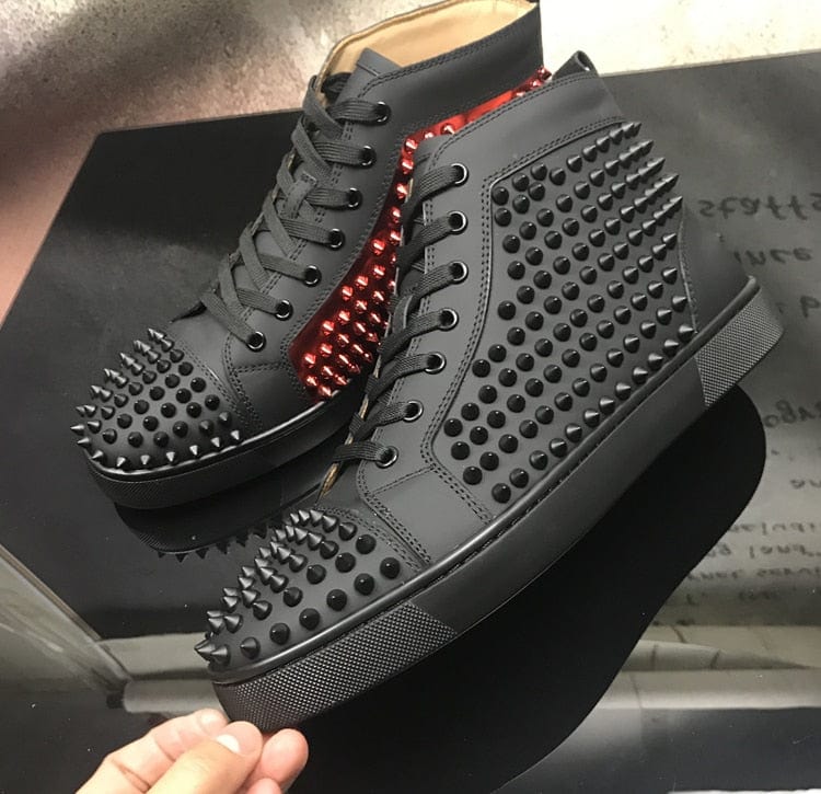 Men's Red-Sole High-Top Printed Leather Casual Black Sneakers