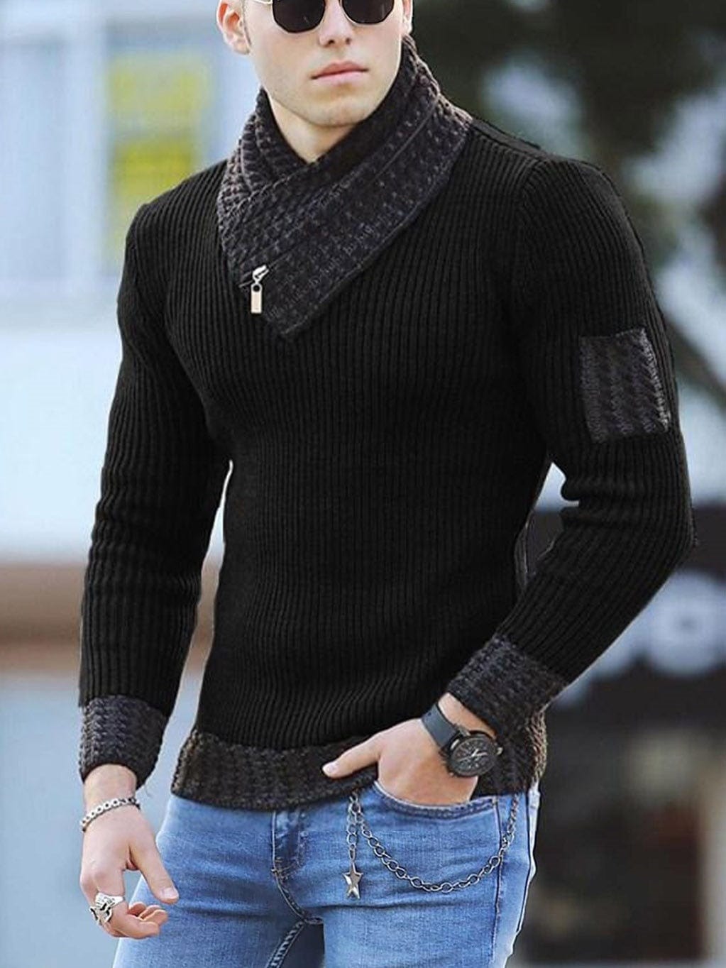 Men's O-Neck Patchwork Knit Pullover Sweater