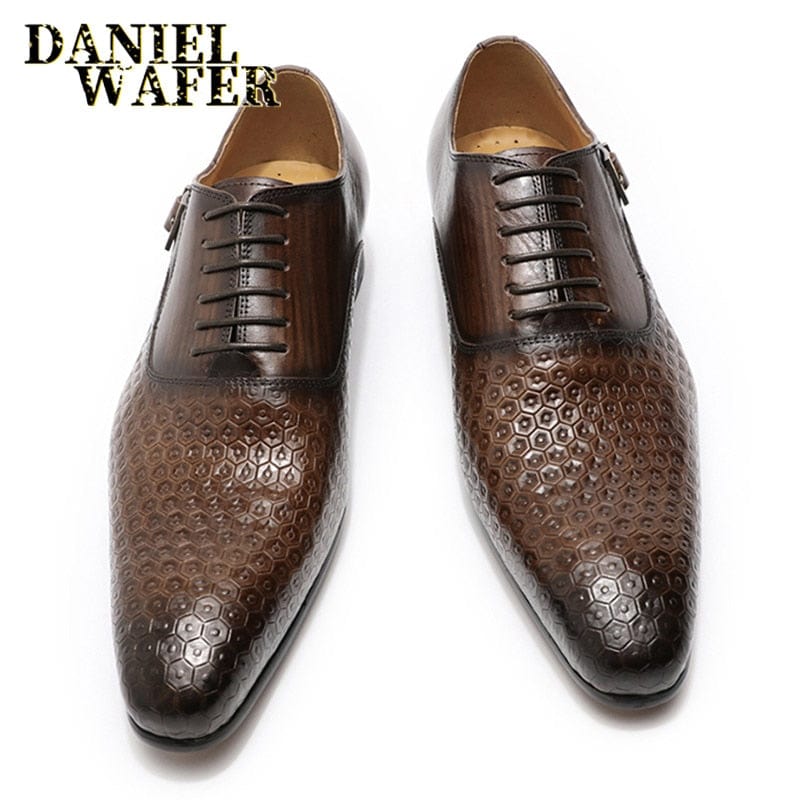 Men's Genuine Leather Geometric Print Pointed Oxford Shoes