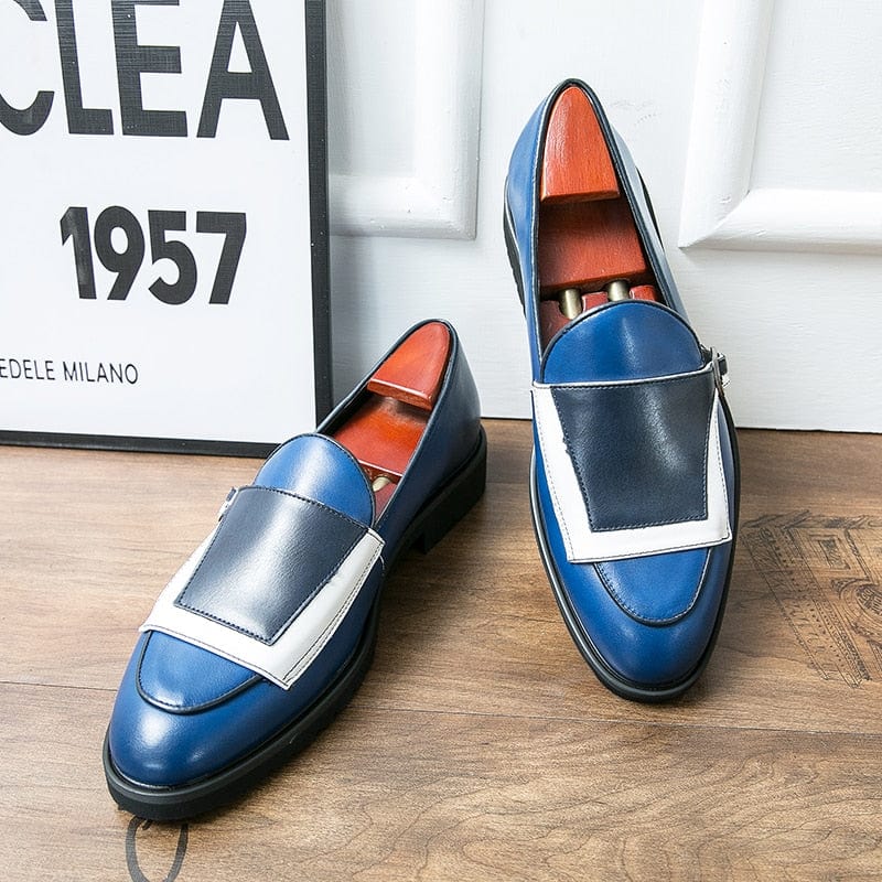 Men's Beige Blue Monk Strap PU Leather Party Loafers