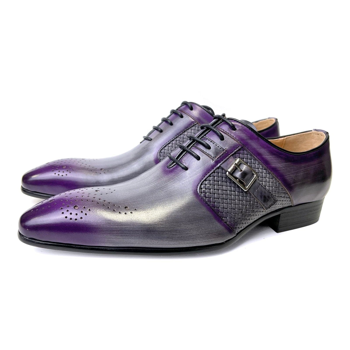 Men's Purple Mixed-Color Leather Pointed Brogue Oxford Dress Shoes