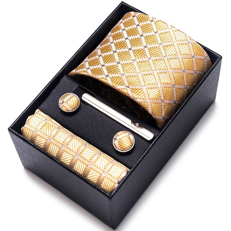 Men's Blue Gold Silk Tie, Handkerchief and Cufflink Set