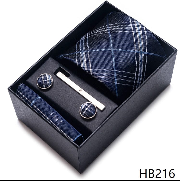 Men's Blue Gold Silk Tie, Handkerchief and Cufflink Set