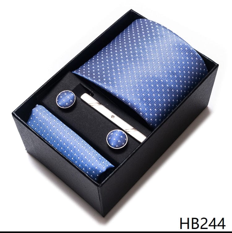 Men's Blue Gold Silk Tie, Handkerchief and Cufflink Set