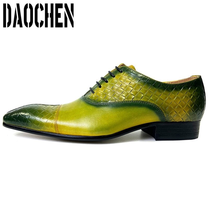Men's Black Green Split-Toe Weave Print Leather Oxfords Wedding