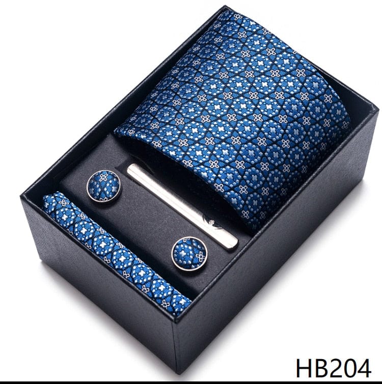 Men's Blue Gold Silk Tie, Handkerchief and Cufflink Set