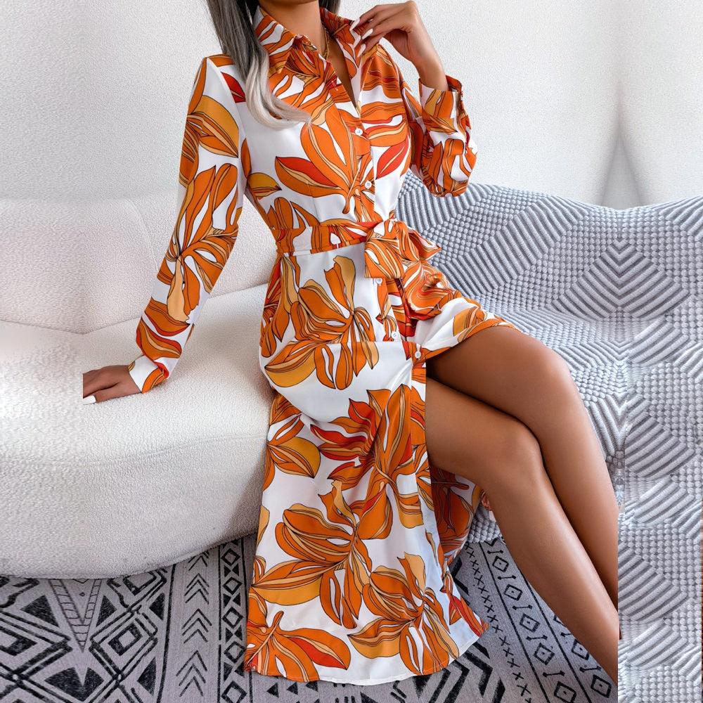 Women's Contrast Floral Polo Collar Lace-Up Shirt Dress