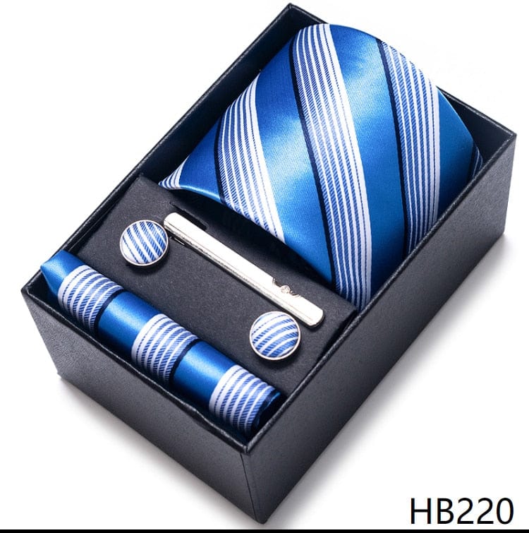 Men's Blue Gold Silk Tie, Handkerchief and Cufflink Set