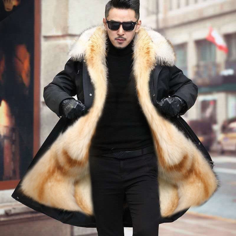 Men's Long Faux Fur Parka — Detachable Collar, Plush Lined