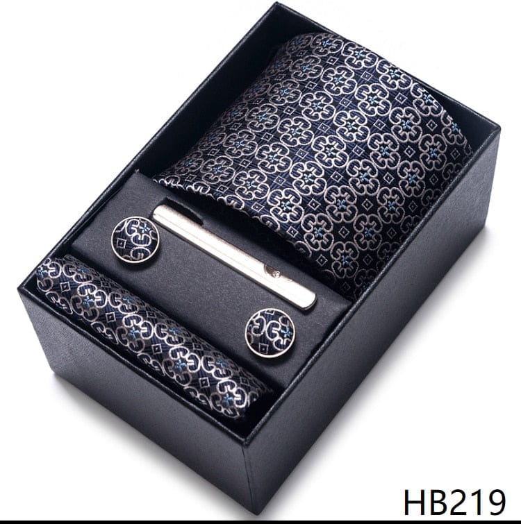 Men's Blue Gold Silk Tie, Handkerchief and Cufflink Set