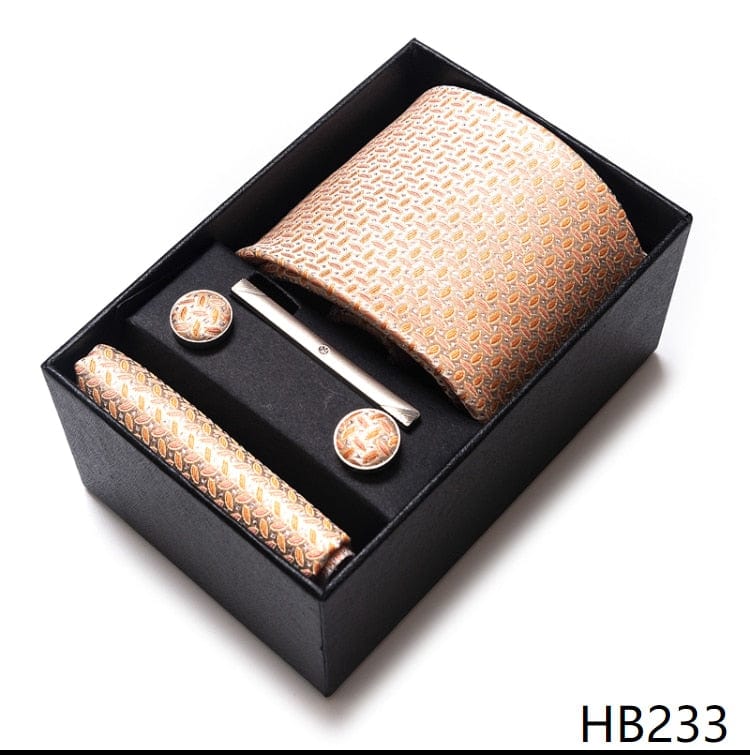 Men's Blue Gold Silk Tie, Handkerchief and Cufflink Set