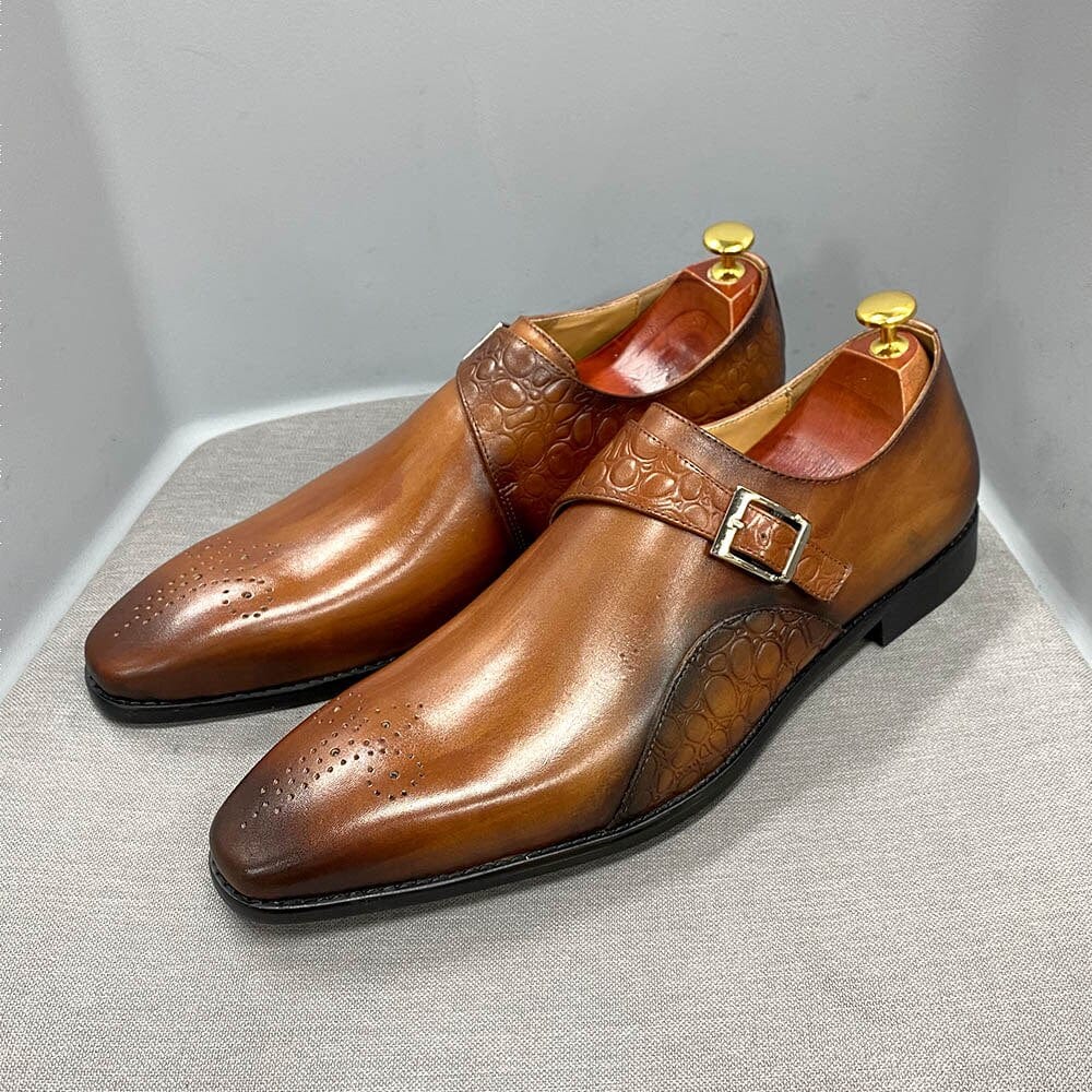 Men's Alligator Print Calf Leather Monk Strap Dress Shoes
