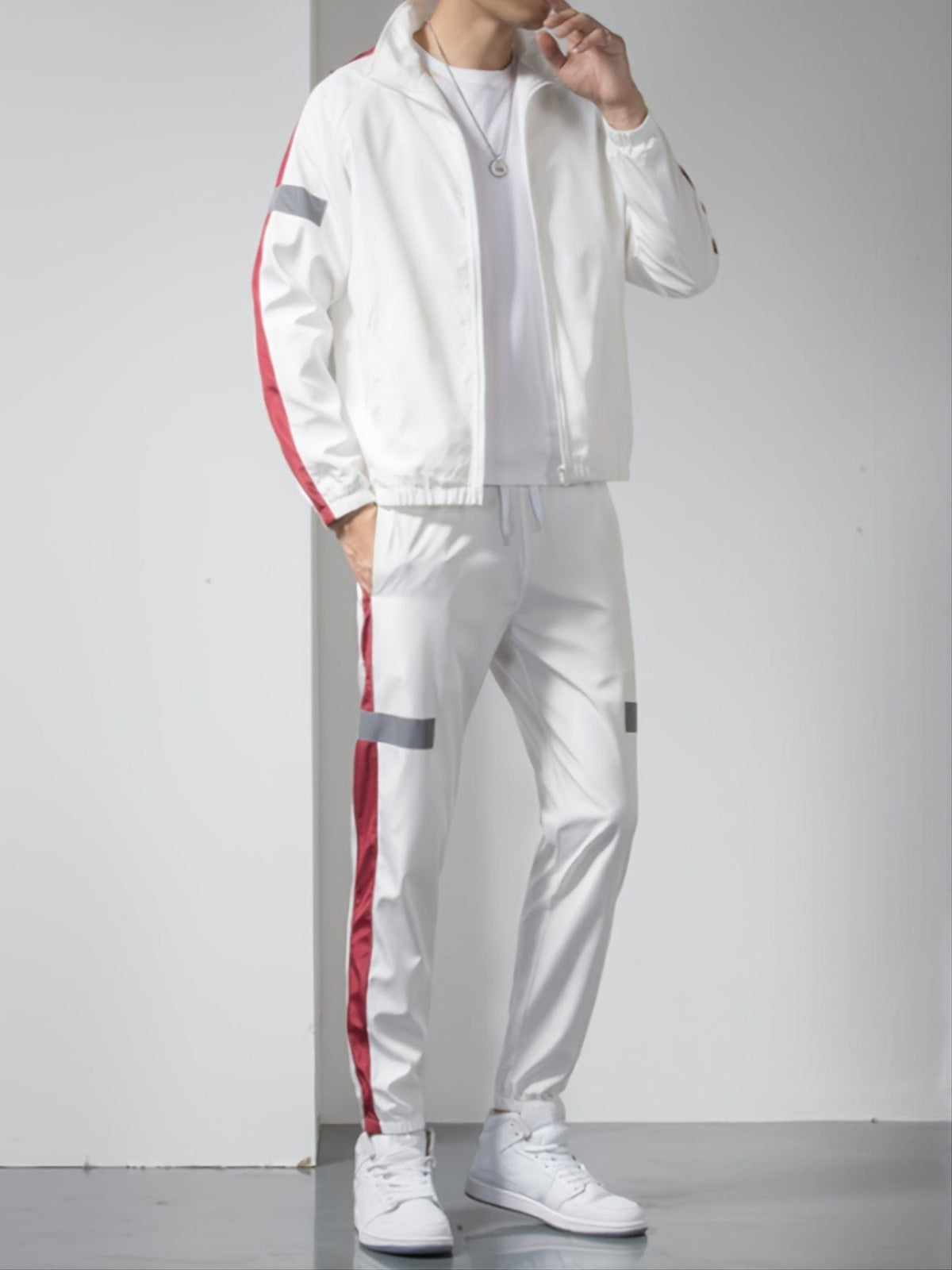 Men's cropped cardigan jacket and pants set worn white maroon
